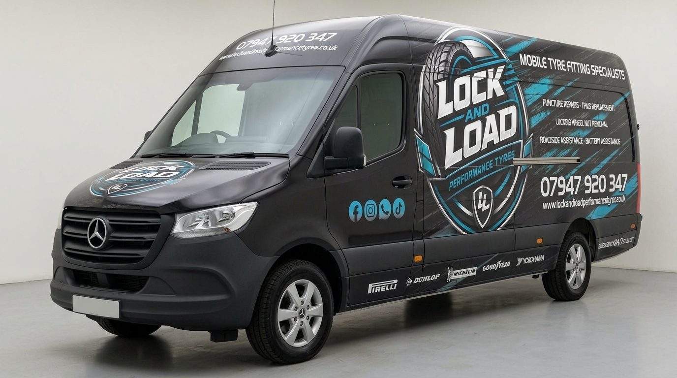 Lock and Load mobile tyre fitting van — black Mercedes Sprinter with teal branding